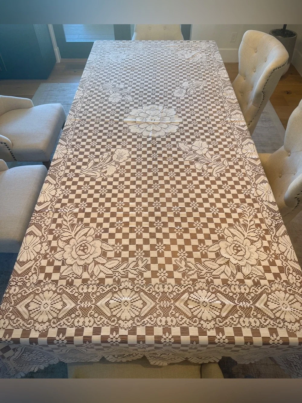 Large Floral Checkerboard Lace Tablecloth 114 x 71 Scalloped Ivory